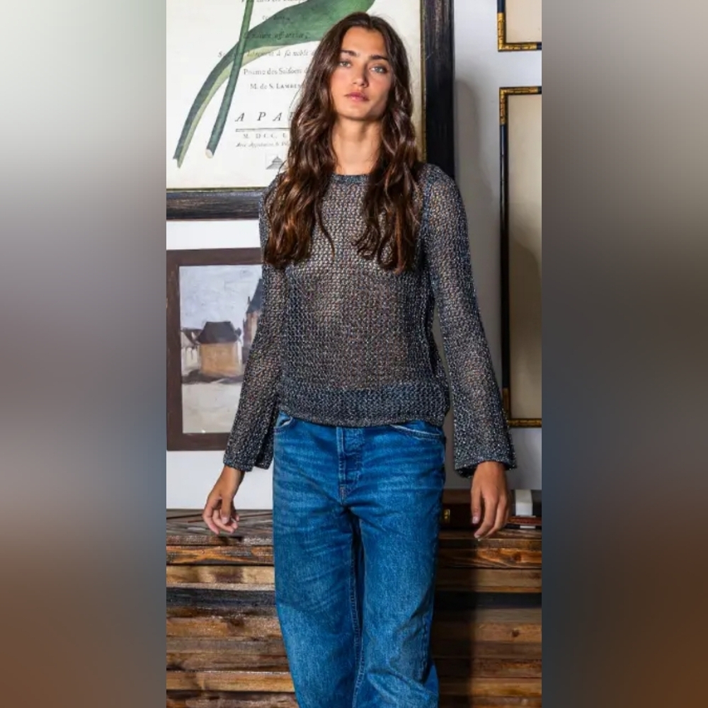 Luna Crochet Long Sleeve Crew Neck| Gunmetal| Small,Medium,Lsrge BUCKLIST NWT$54